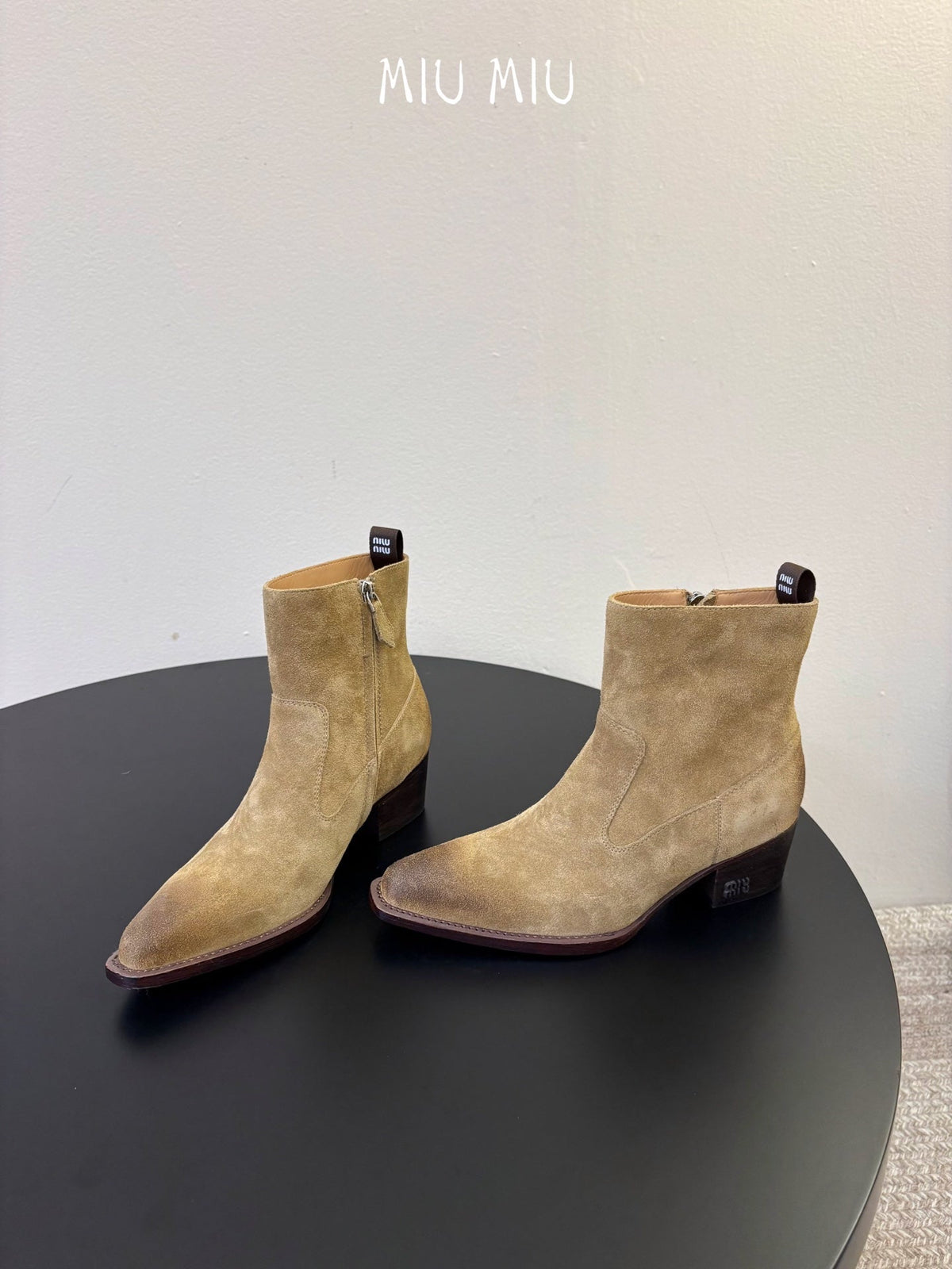 Miumiu 26s Western Ankle Boots Sand Beige Suede