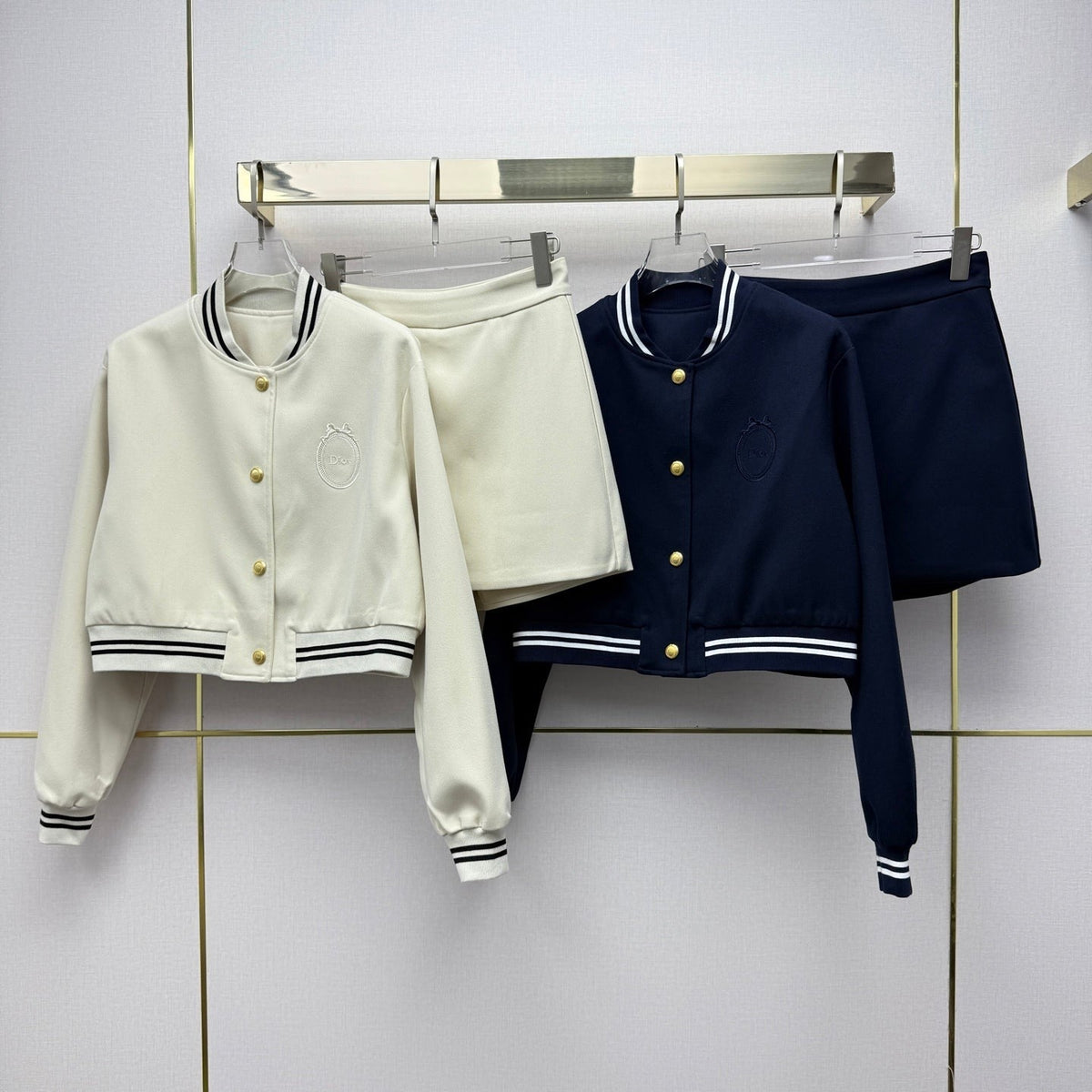 CD 26SS Cropped Varsity Jacket & Matching Mini Skirt Set Polyester 437589