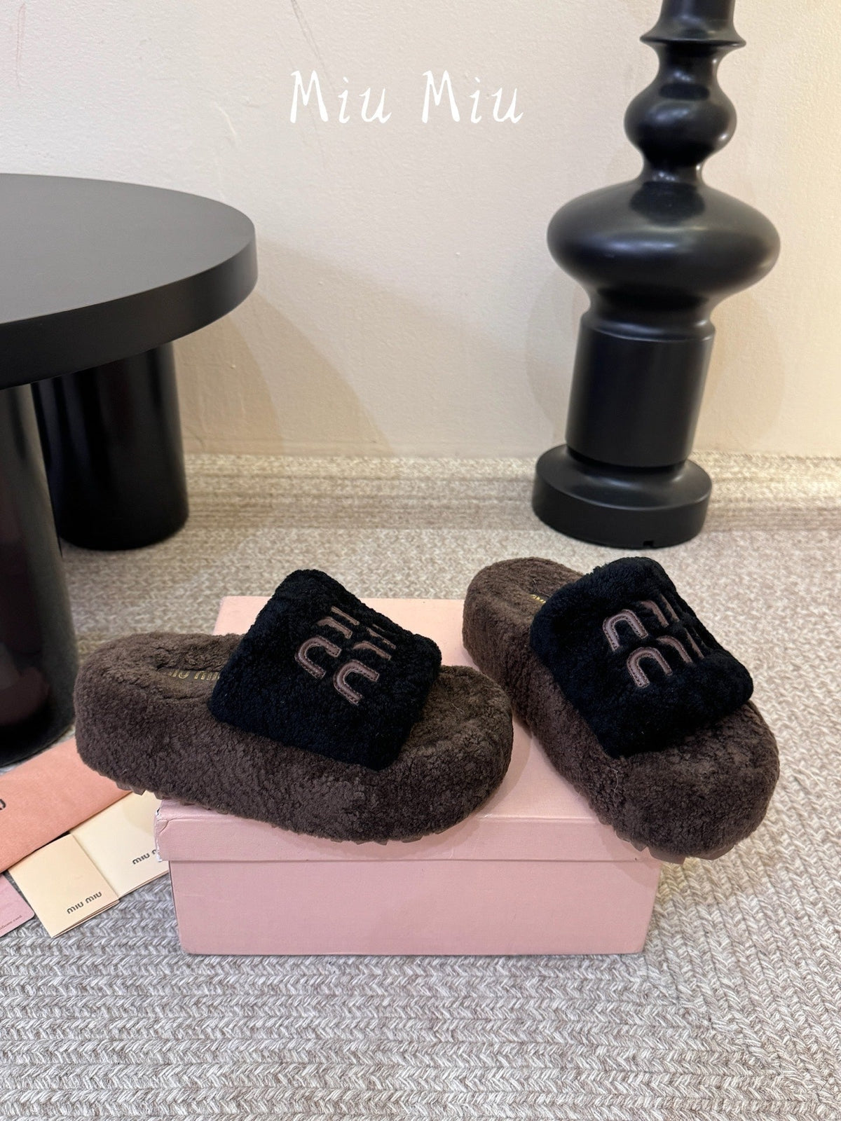 Miumiu 26s Platform Slides Dark Brown And Black Shearling