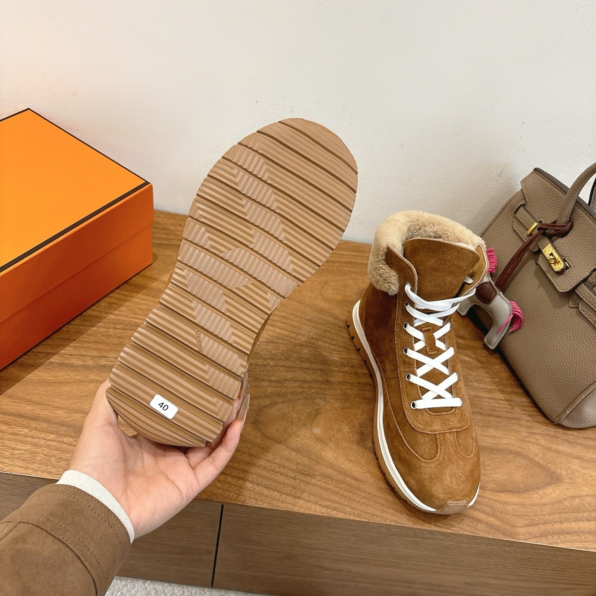 HM 26S Fur-Lined High Top Sneakers Brown Suede