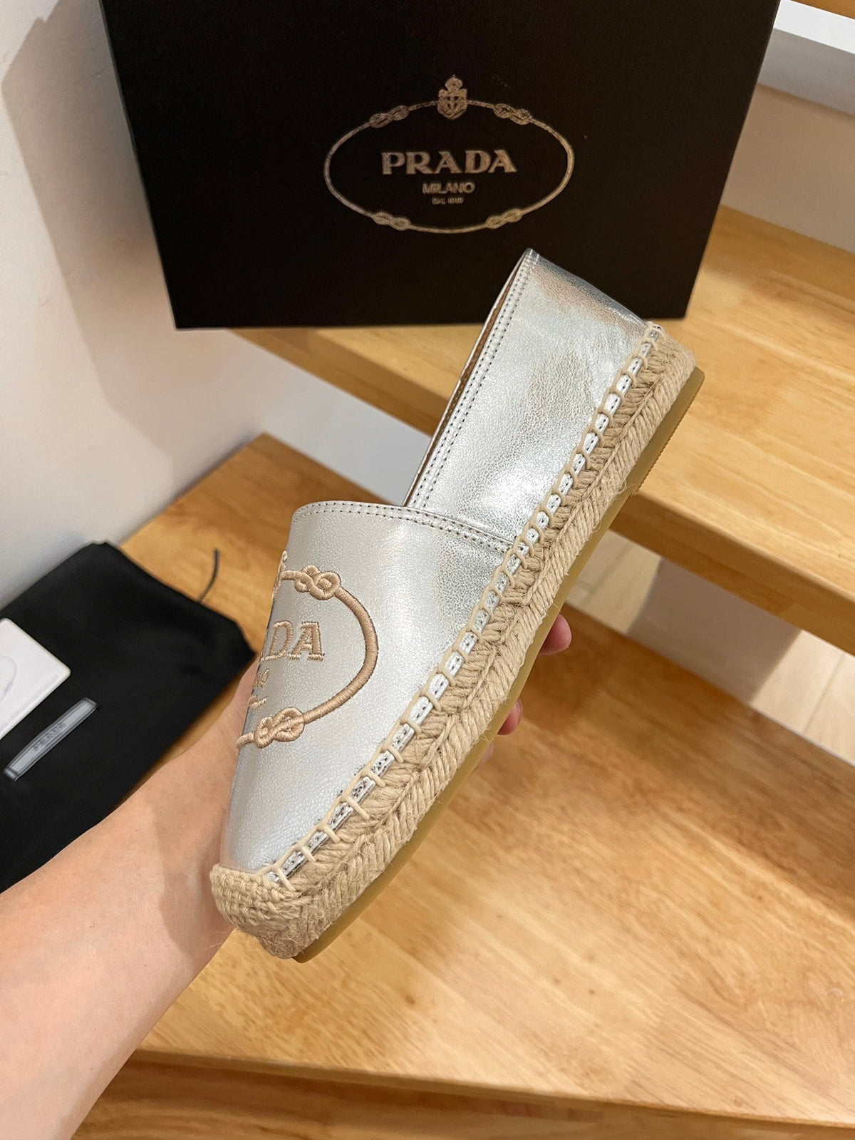 Prada 26s Embroidered Logo Espadrille Flats Gold Calfskin