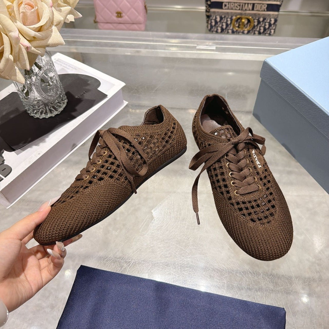 Prada 26s Lace Up Openwork Knit Sneakers Dark Brown Knit Fabric