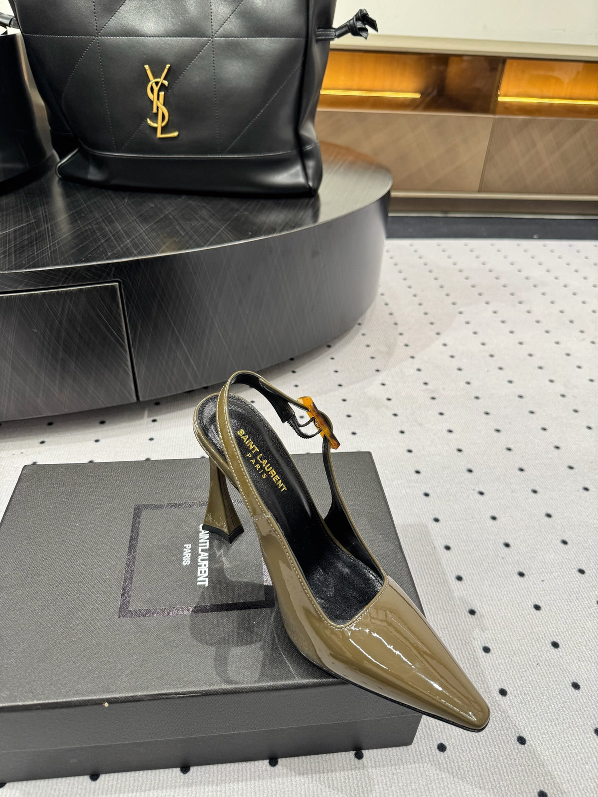 YSL 26s Slingback Heels 10.5cm Olive Green Glossy Calfskin With Buckle Closure