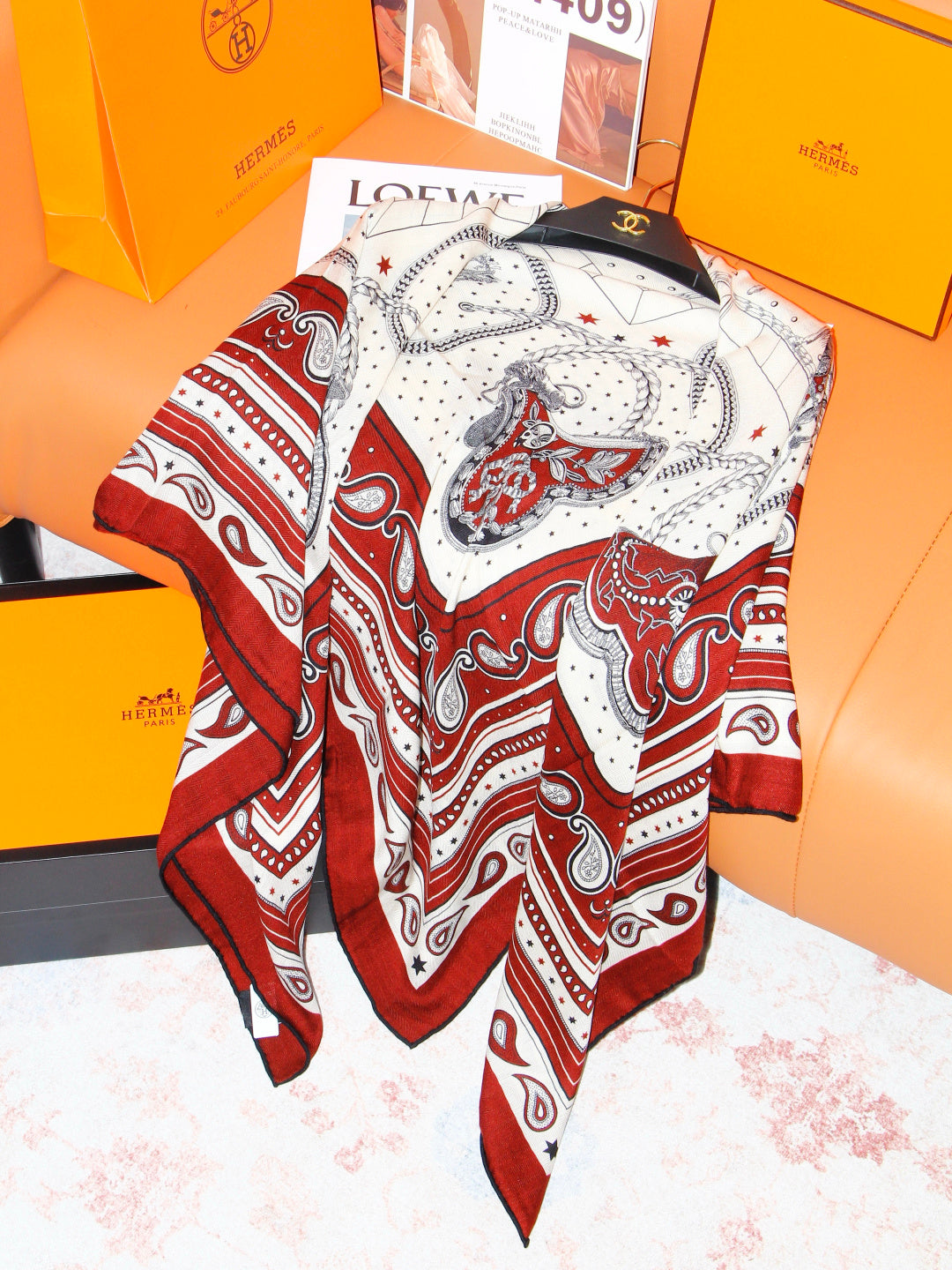 Hermès 2026 Grand Apparat Bandana Scarf 140cm Red Cashmere And Silk 218155