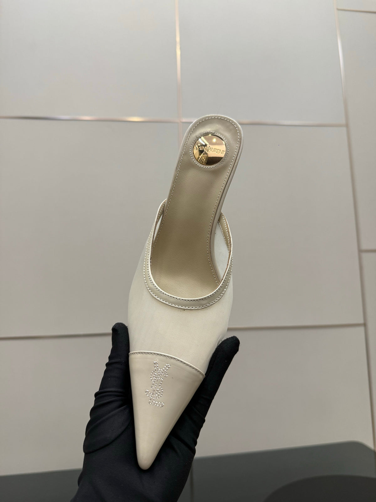 YSL 26s High-Heel Mules Beige Calfskin Mesh Fabric