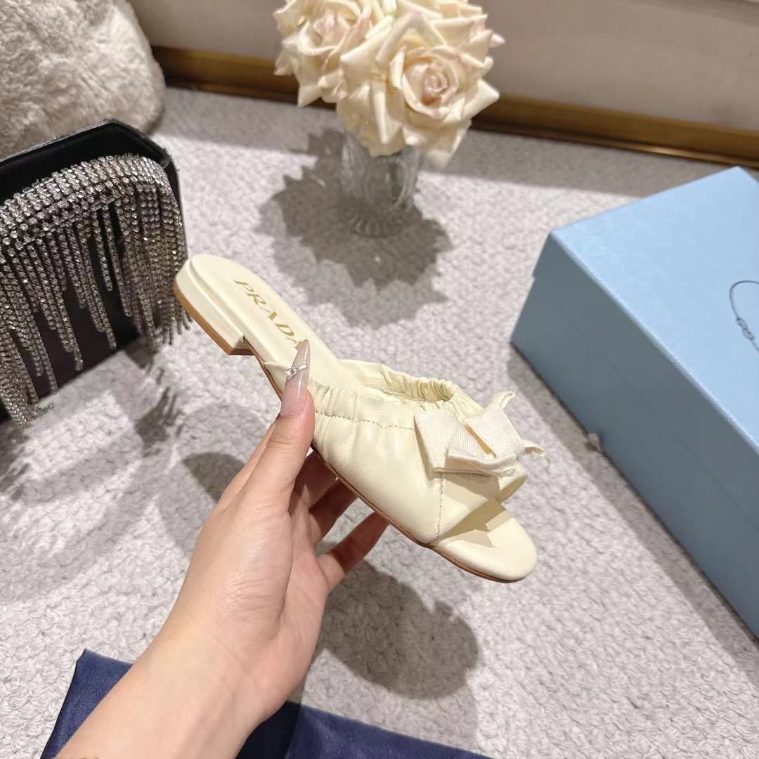 Prada 26s Ruched Bow Slide Sandals Ivory White Calfskin