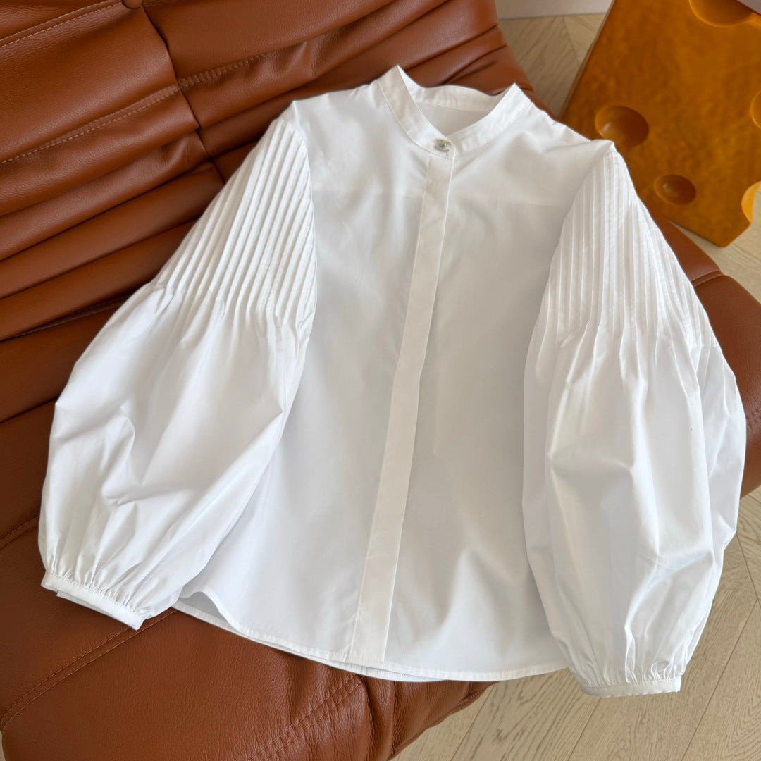 CC 26AW Double C Pleated Balloon-Sleeve Shirt Silver-Tone Button White 438409