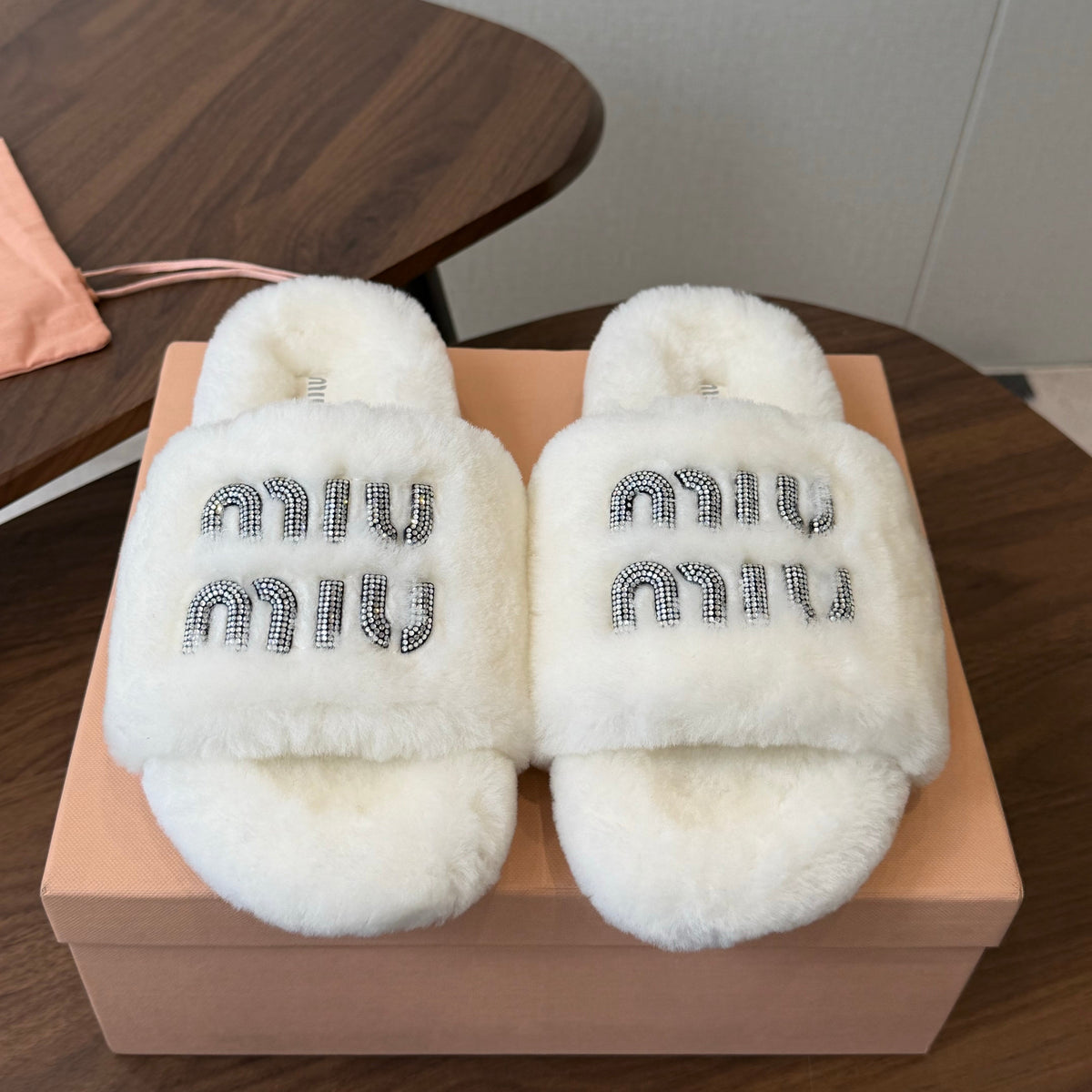 Miumiu 26s Crystal Logo Slides White Shearling