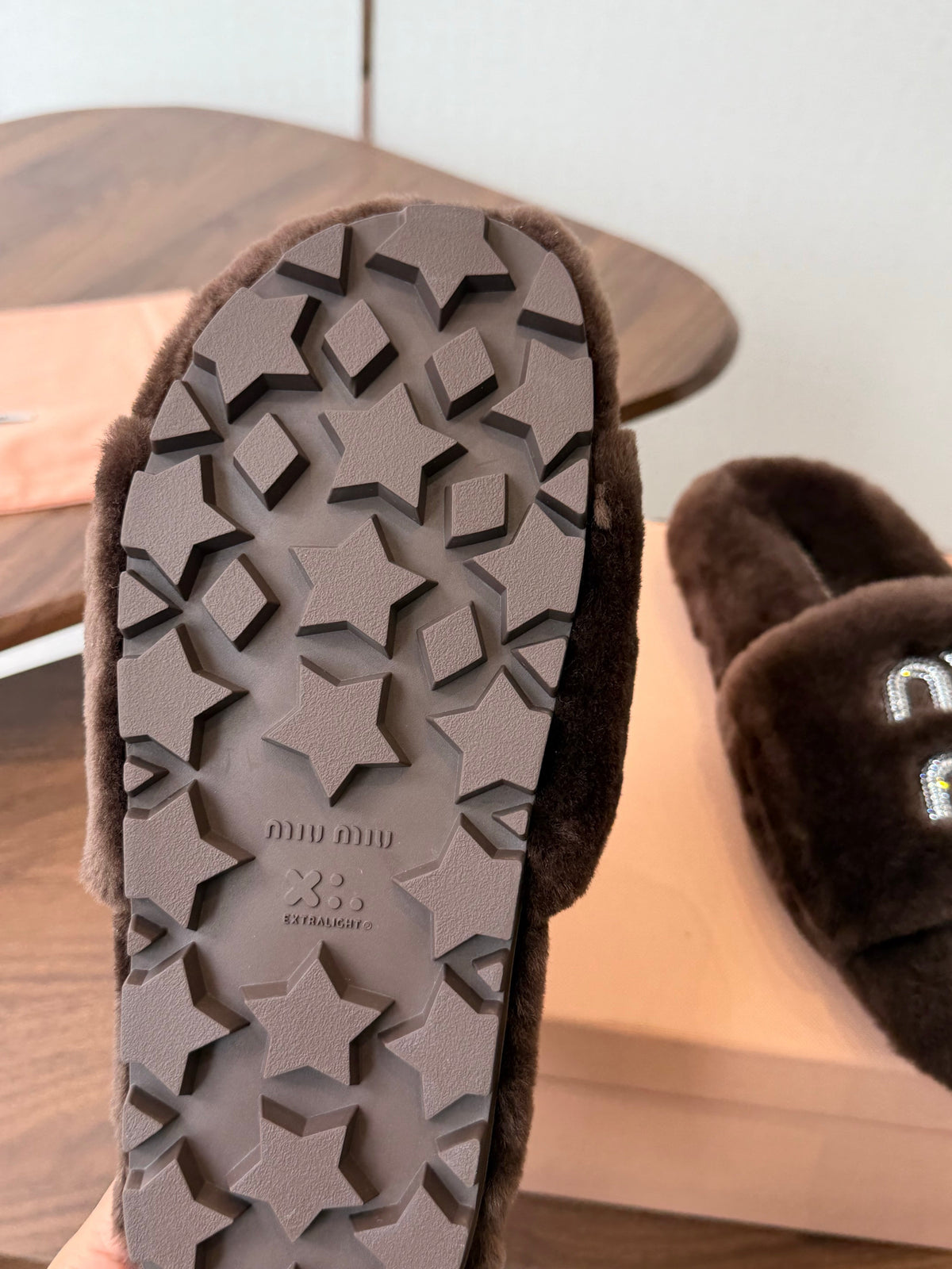 Miumiu 26s Crystal Logo Slides Dark Brown Shearling