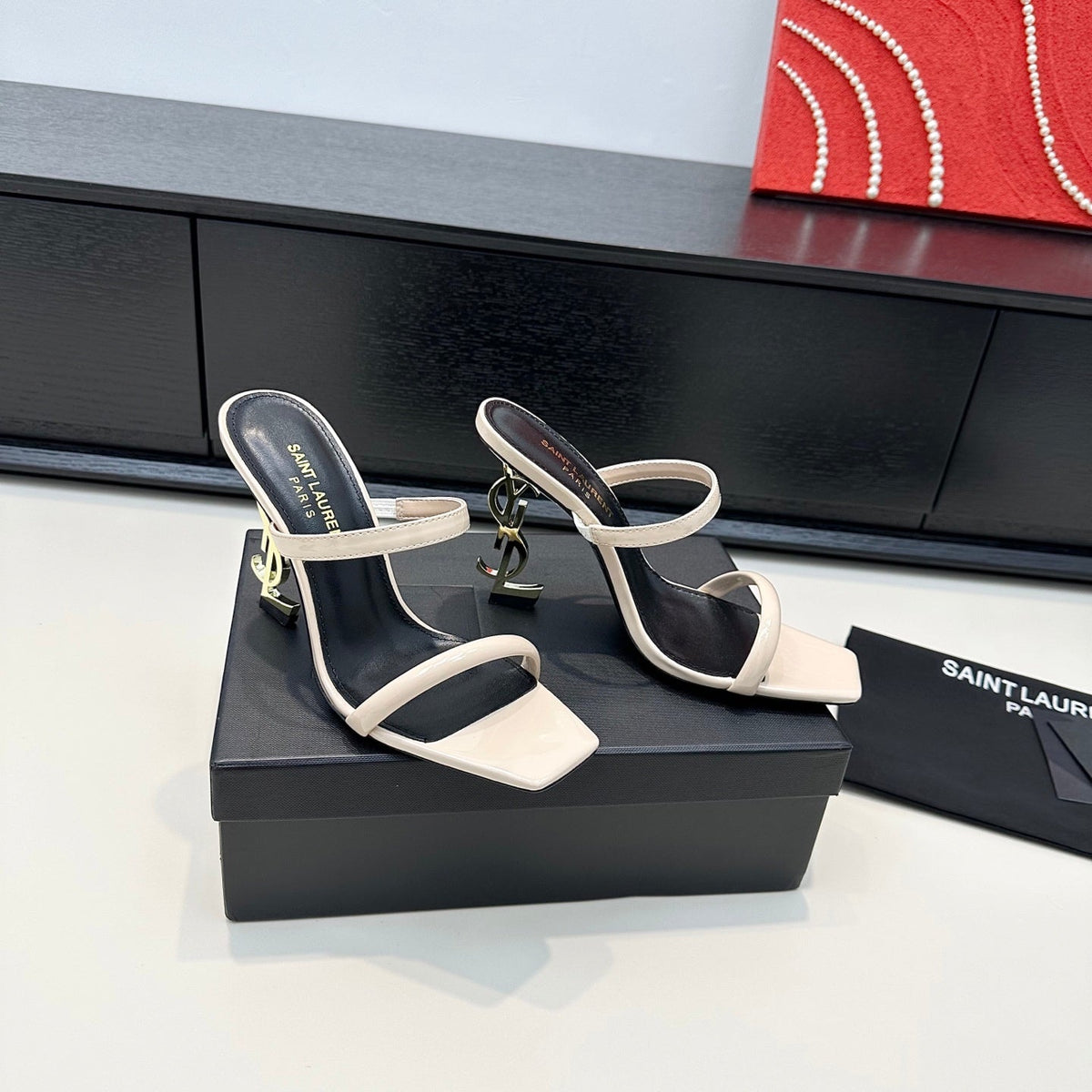 YSL 26S Double-Strap Heeled Sandals 100 Mm In Cream Beige Calfskin