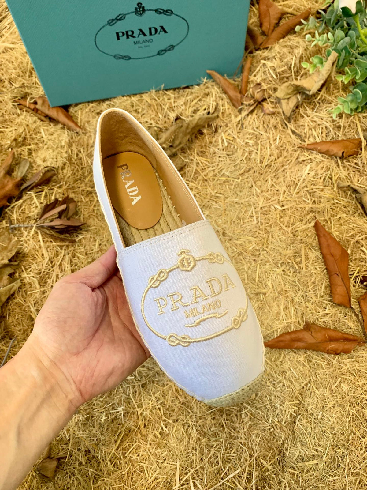 Prada 26s Espadrille Flats White Canvas Embroidered Logo