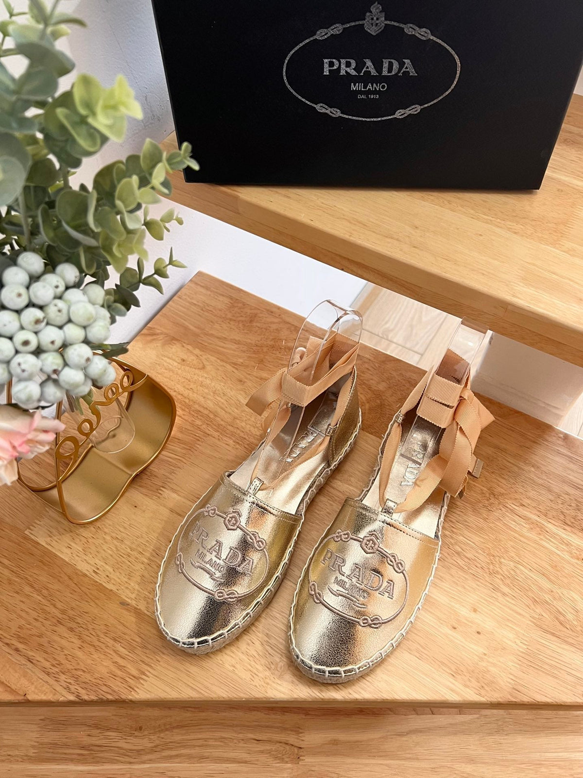 Prada 26s Lace Up Espadrille Flats Gold Calfskin