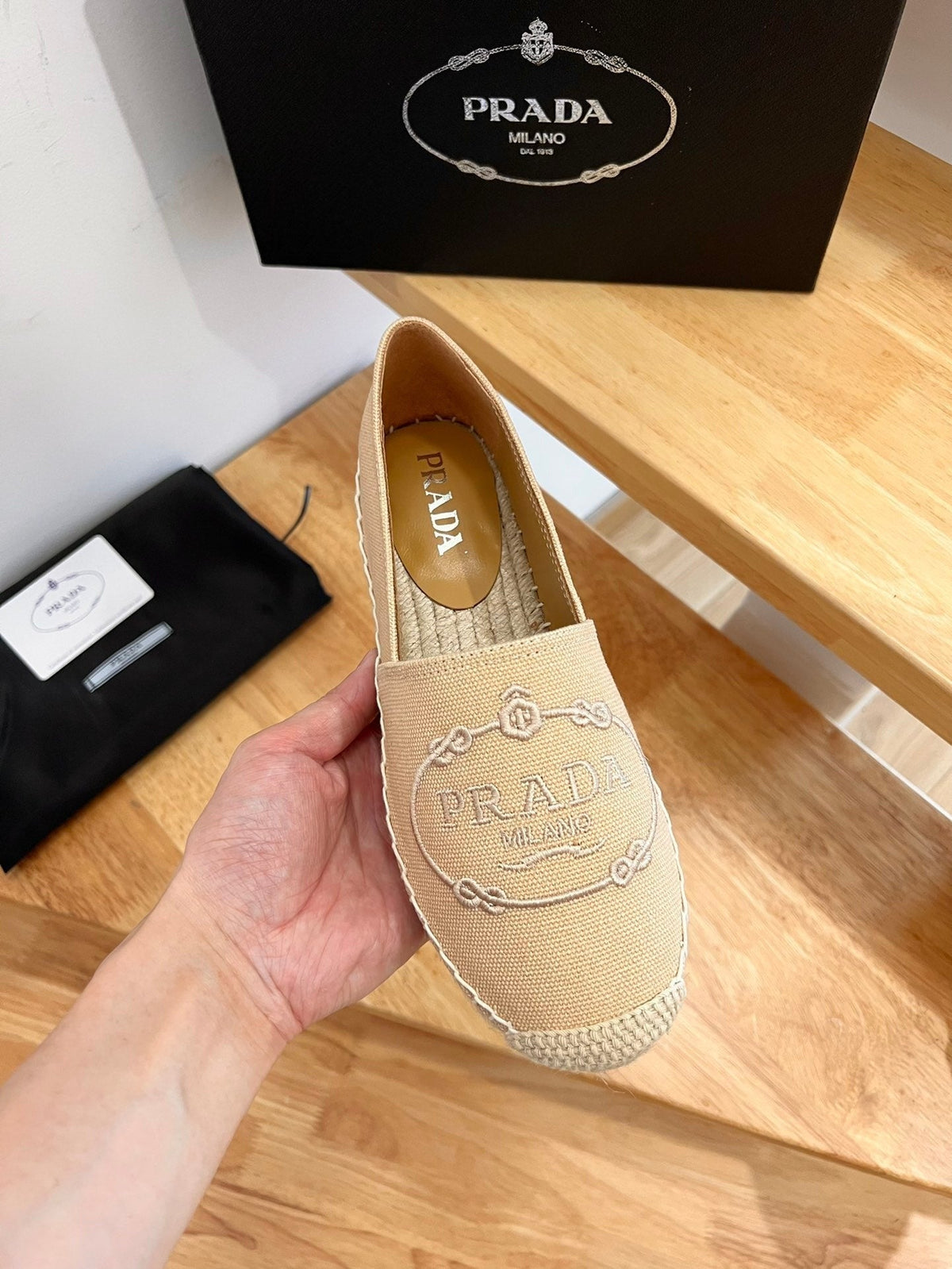 Prada 26s Embroidered Logo Espadrille Flats Beige Canvas