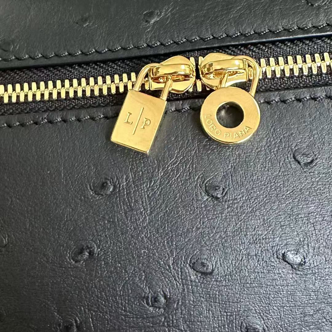 EXTRA POCKET L19 IN BLACK OSTRICH WITH GOLD HARDWARE