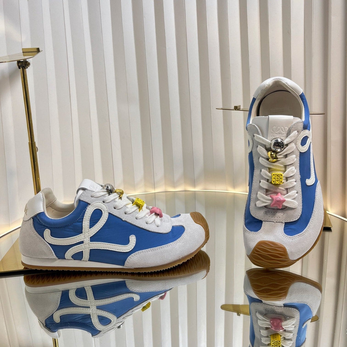 Loewe 26S Runner 2.0 Sneakers in White Suede and Blue Fabric