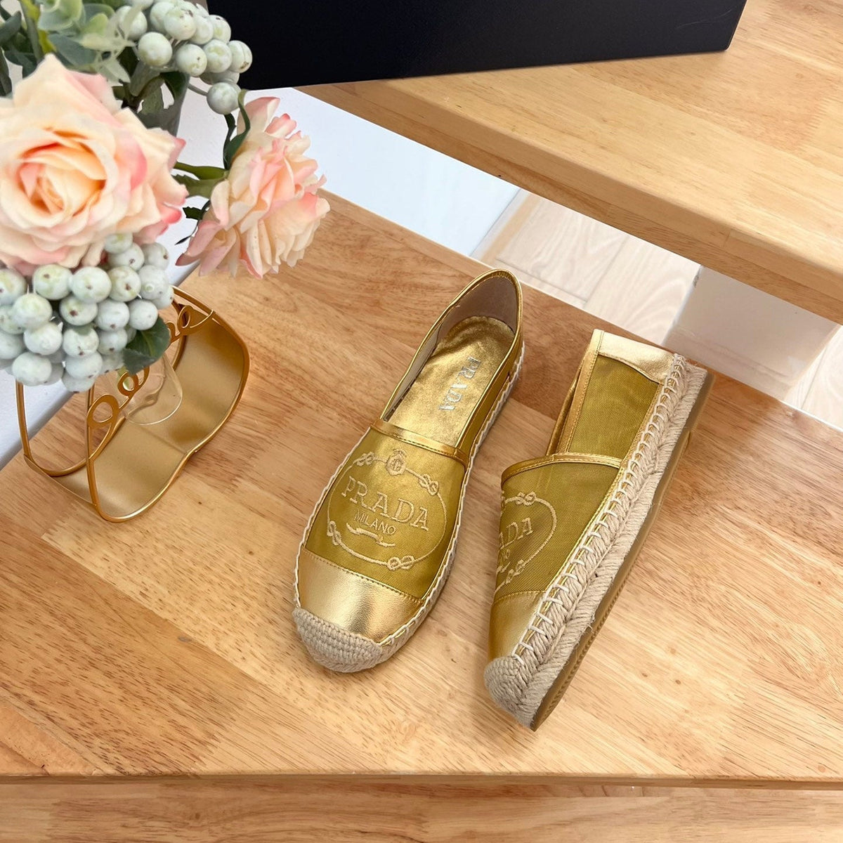 Prada 26s Embroidered Logo Espadrille Flats Gold Mesh Calfskin