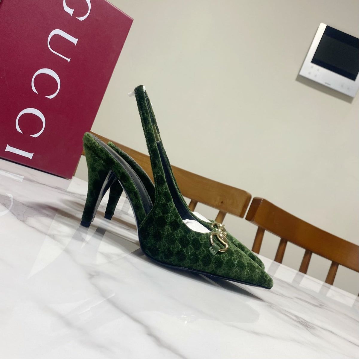 Gucci 26s Slingback Heels 8.5cm Dark Green Velvet