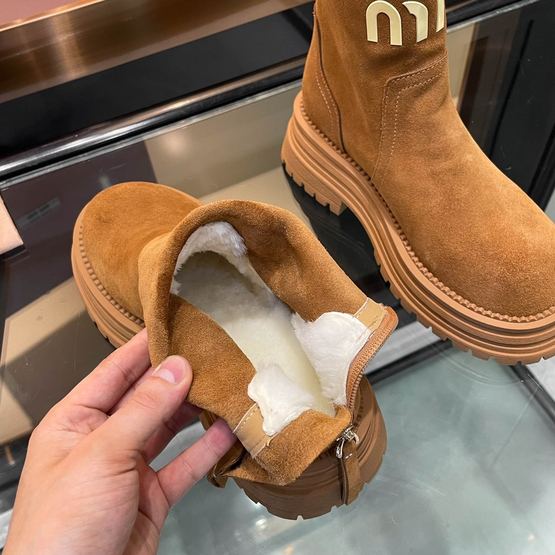 Miumiu 26s Logo Chunky Ankle Boots Camel Brown Suede