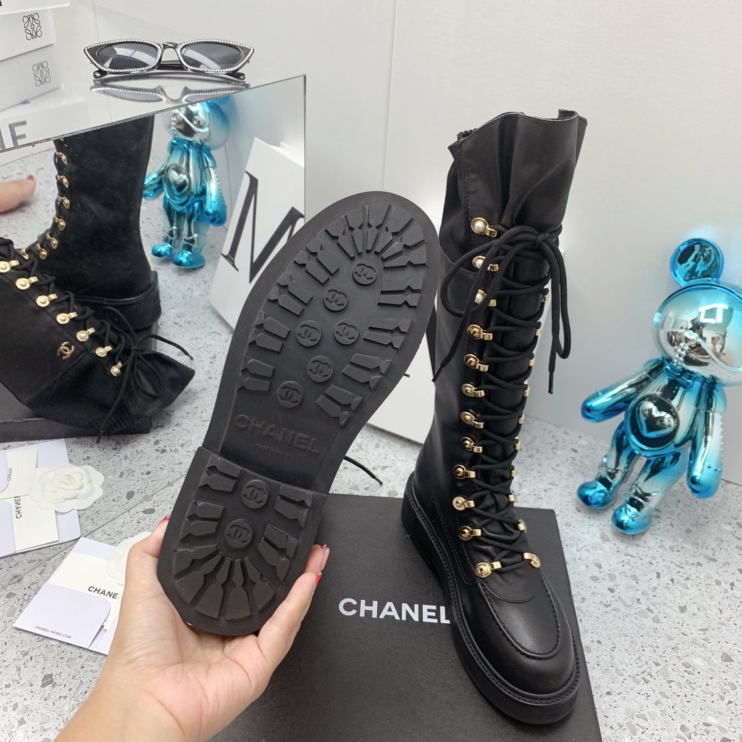 Chanel 2026 Knit Lace Up Combat Boots Black Calfskin 162215