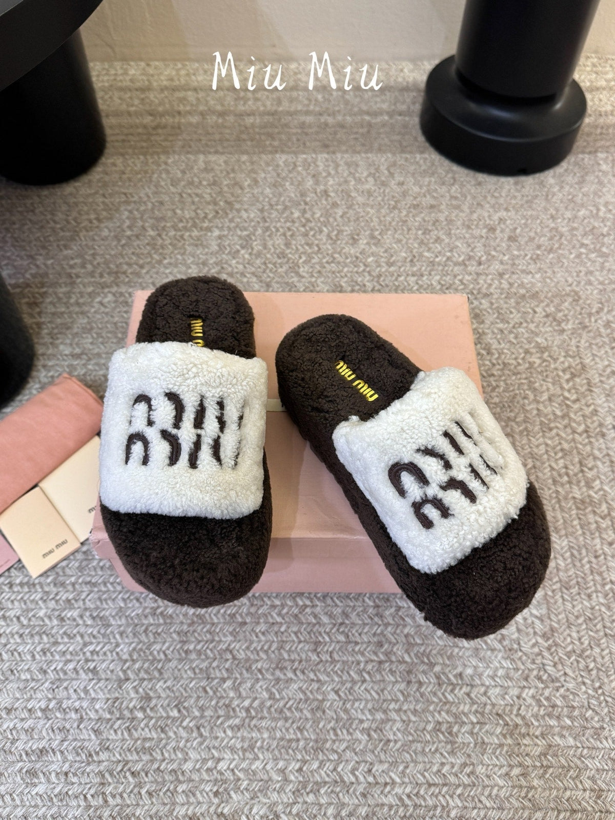 Miumiu 26s Platform Slides Dark Brown And White Shearling