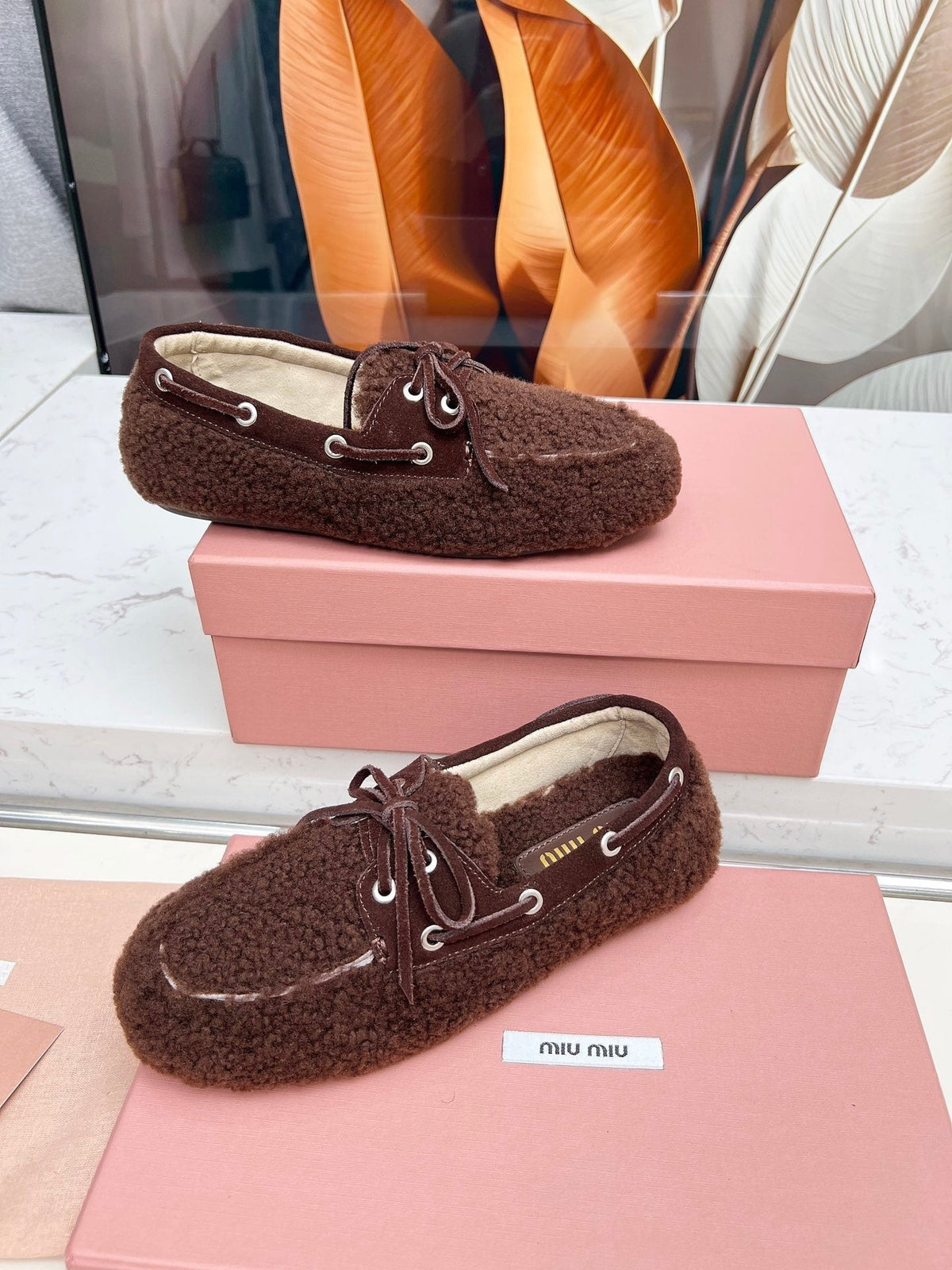 Miumiu 26s Boat Loafers Dark Brown Shearling