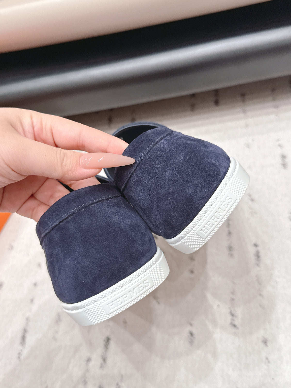 HM 26S Kelly Paris Loafers Navy Blue Suede Silver Hardware