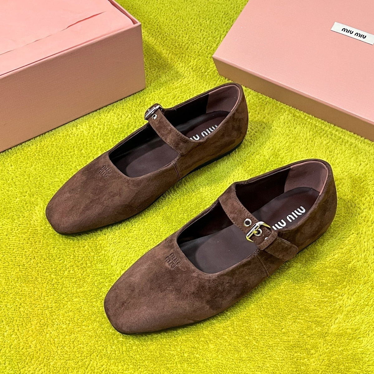 Miu 26S Mary Jane Flats Buckled Strap Logo Brown Suede 137202