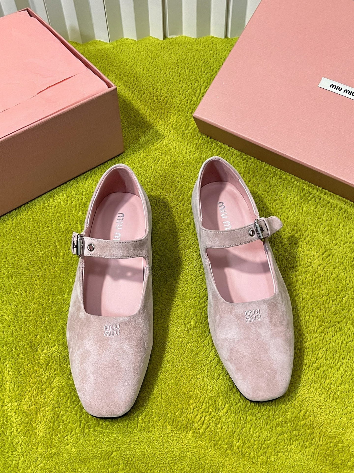 Miu 26S Mary Jane Flats Buckled Strap Logo Pink Suede 137200
