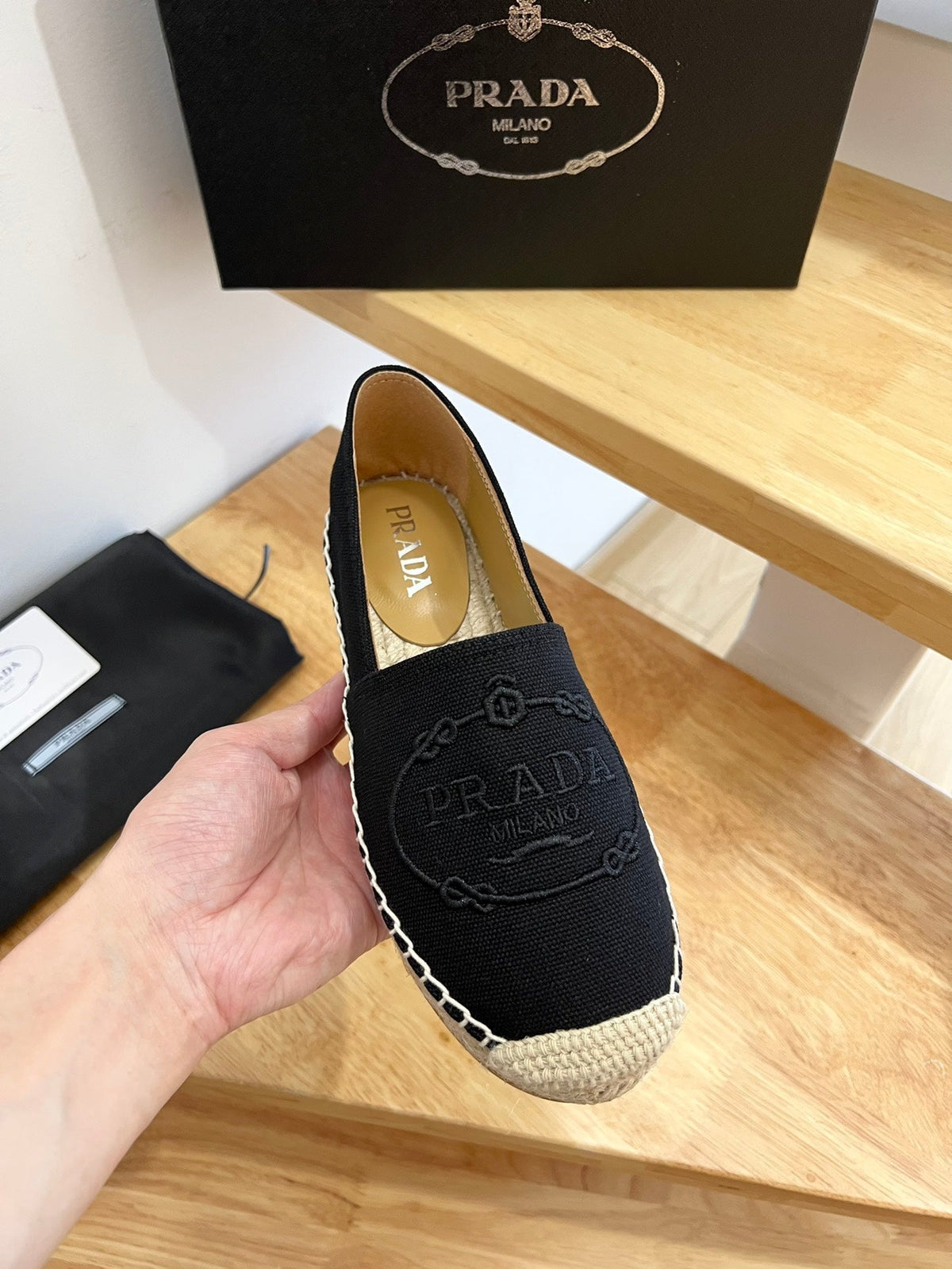 Prada 26s Embroidered Logo Espadrille Flats Black Canvas