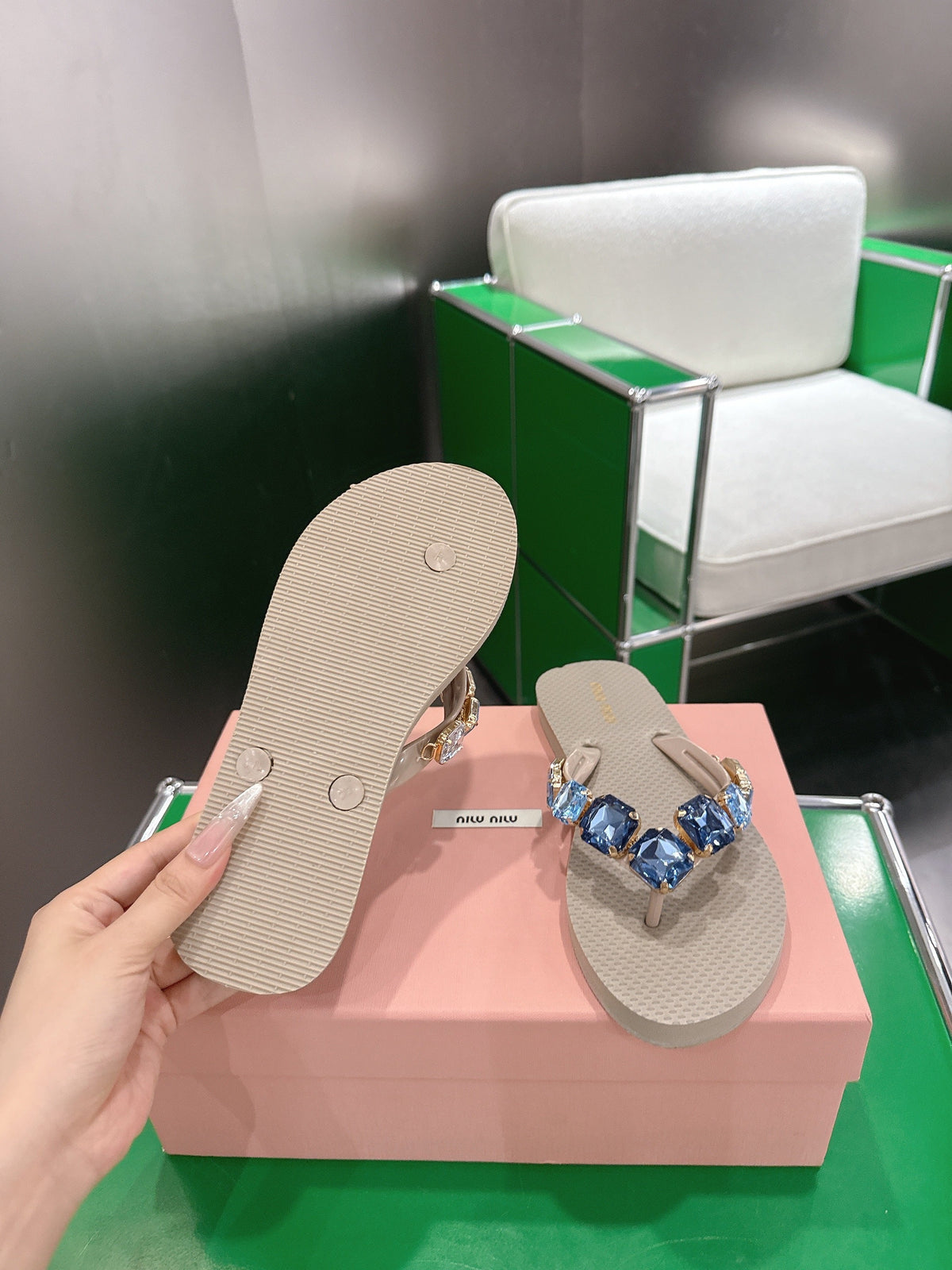 Miumiu 26s Thong Sandals Beige Eva Crystal-embellished