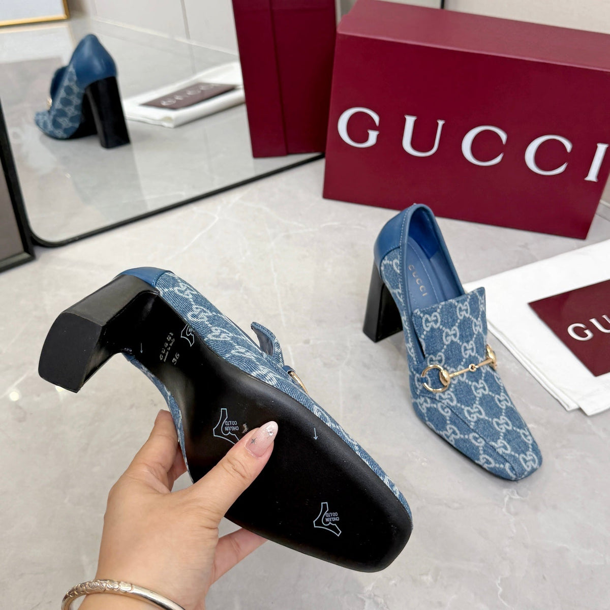 GG 26S Horsebit Loafers 10cm Block Heel Denim Fabric 157228