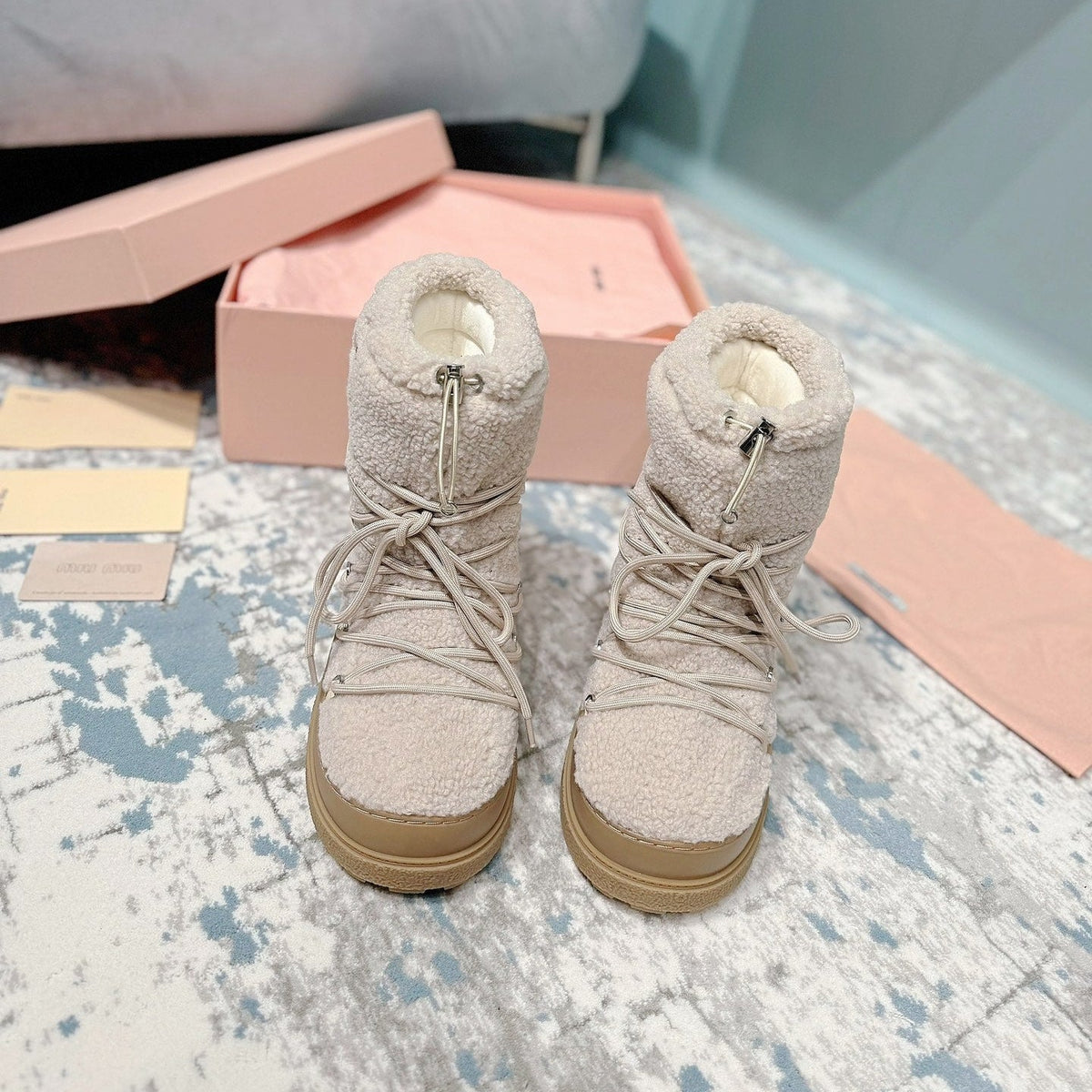 Miumiu 26s Ankle Snow Boots Beige Wool