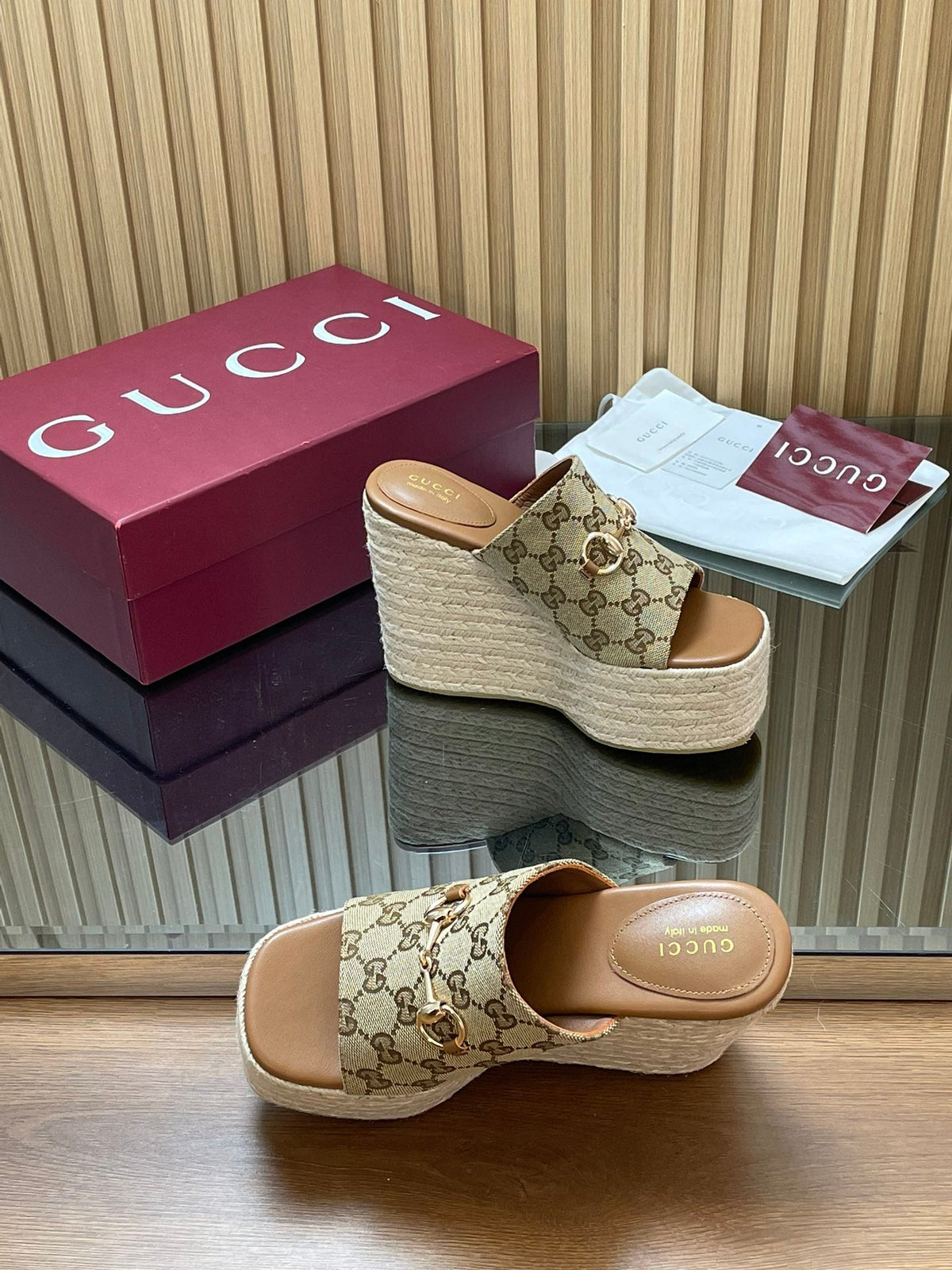 Gucci 26S Wedge Sandals 11Cm In Beige Canvas GG Monogram
