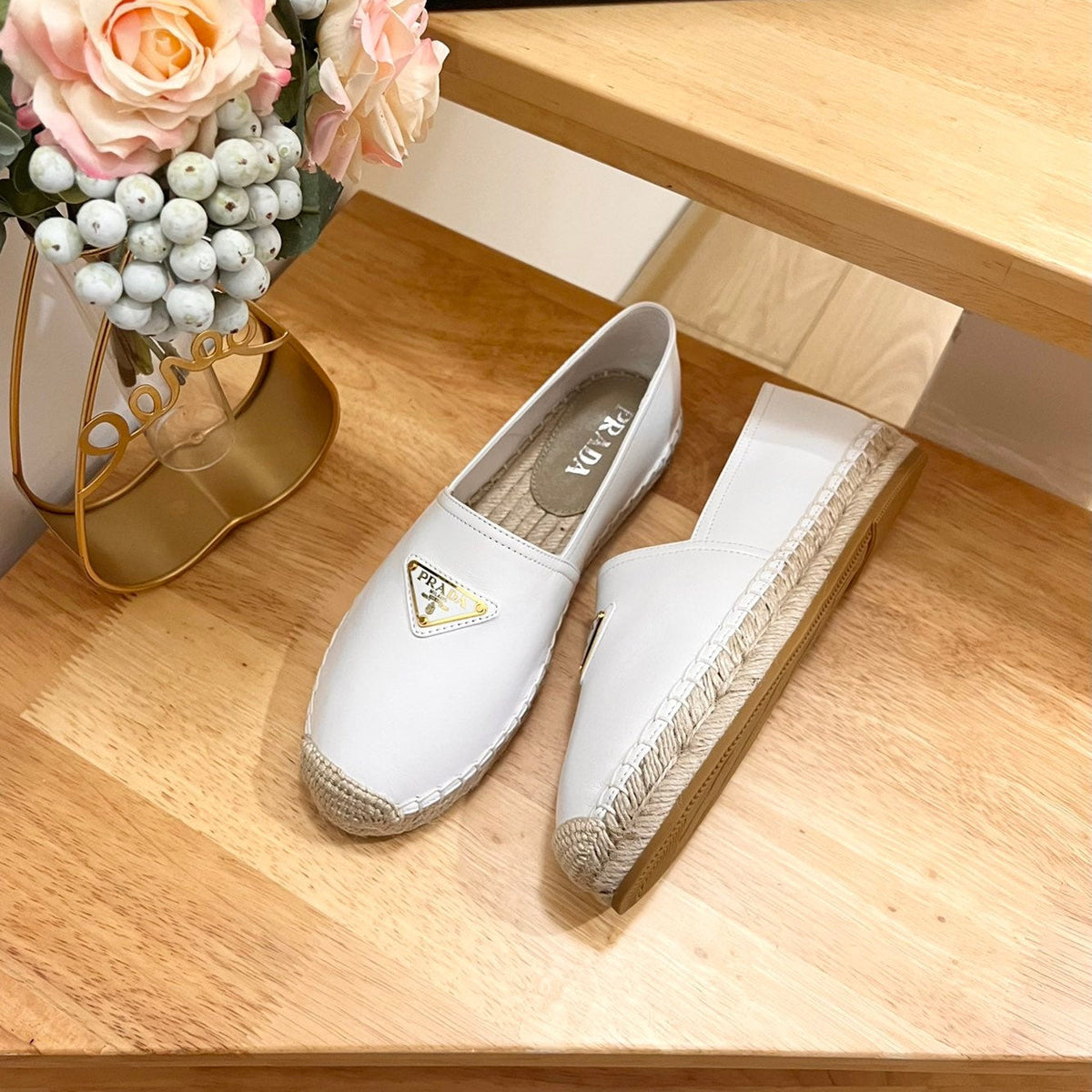 Prada 26s Logo Espadrille Slip On Flats White Calfskin