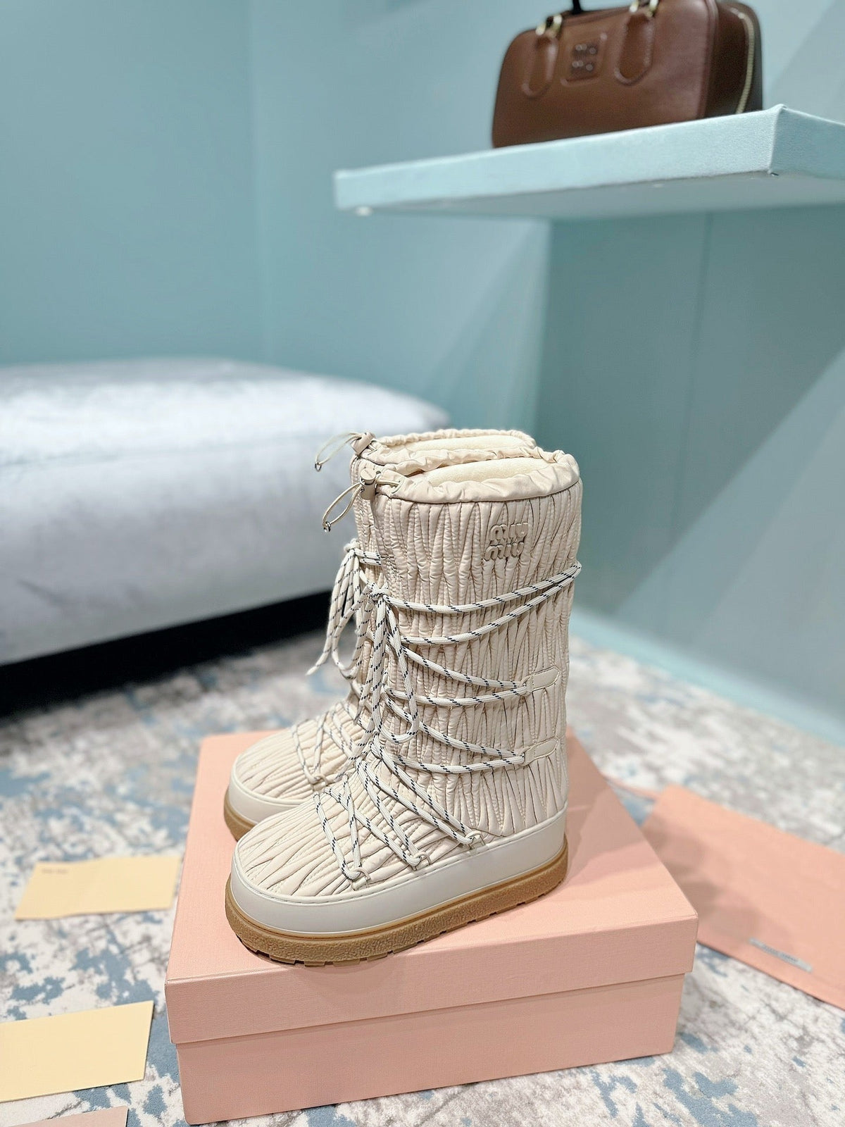 Miumiu 26s Ankle Snow Boots Beige Fabric Style 14
