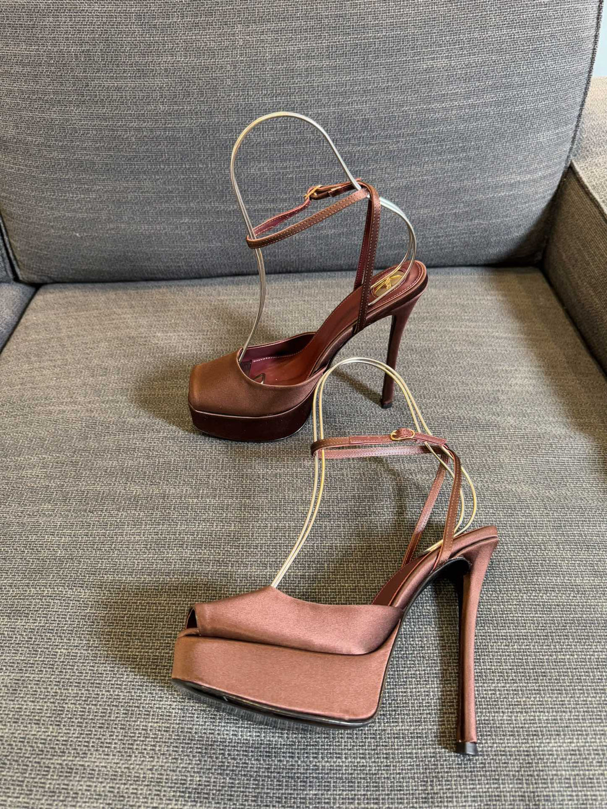 YSL 26S Platform Sandals 150 Mm Brown Satin