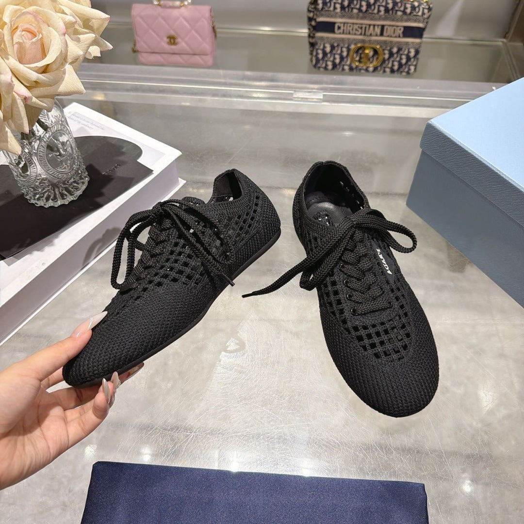 Prada 26s Lace Up Openwork Knit Sneakers Black Knit Fabric