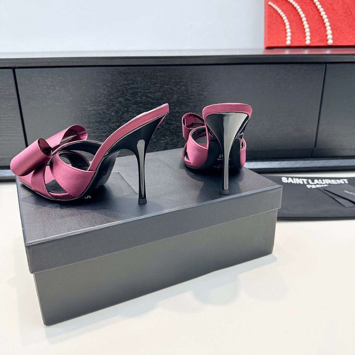 YSL 26S Heeled Sandals 105 Mm In Dark Red Satin