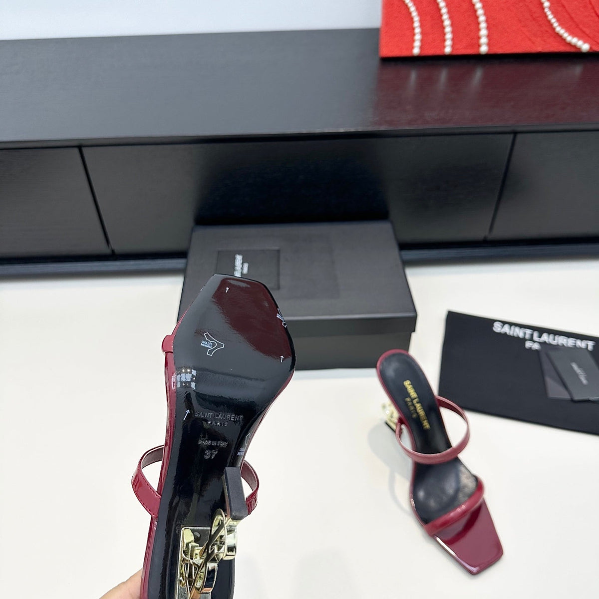 YSL 26S Double-Strap Heeled Sandals 100 Mm Dark Red Calfskin