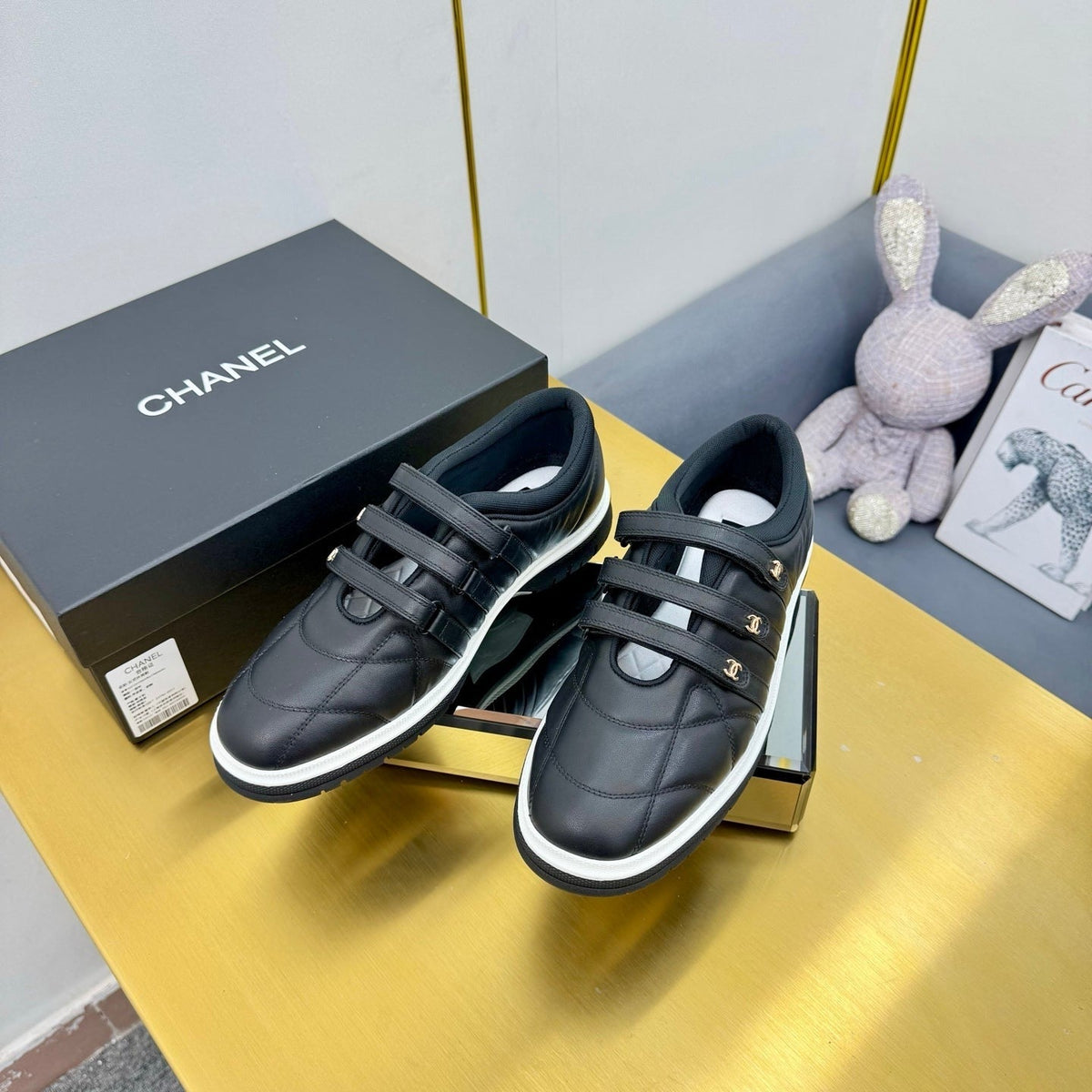 CC 26S Quilted Platform Sneakers Triple Velcro Straps Black Leather 140247