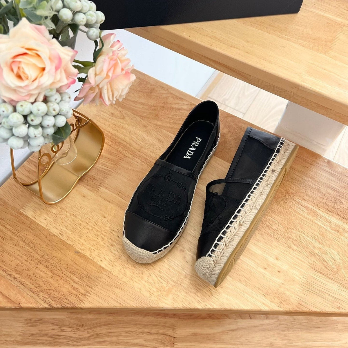 Prada 26s Embroidered Logo Espadrille Flats Black Mesh Calfskin