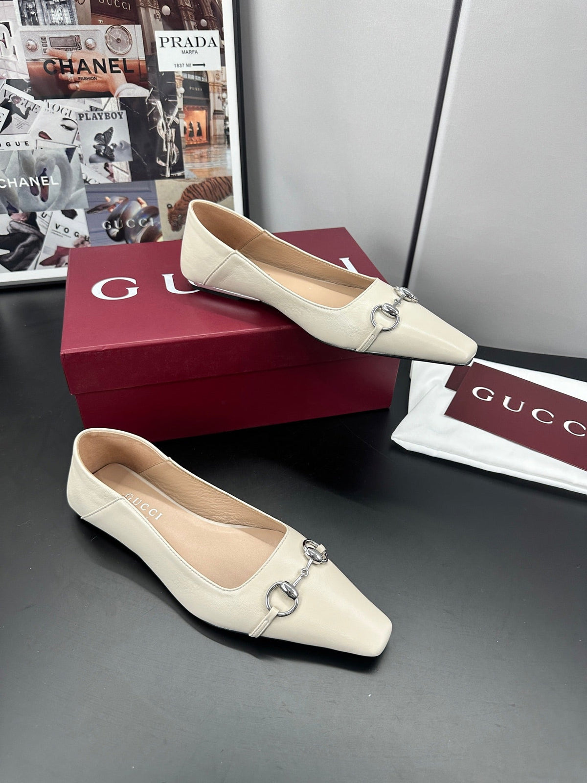 Gucci 26S Vittoria Ballerina Shoes In Cream White Calfskin