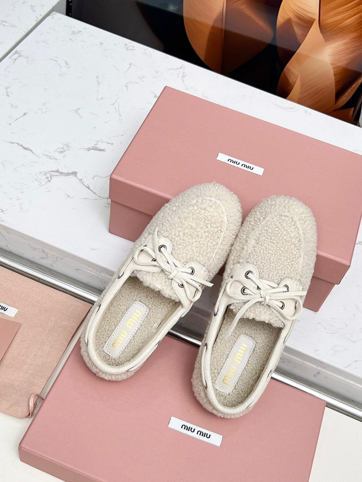 Miumiu 26s Boat Loafers Beige Shearling