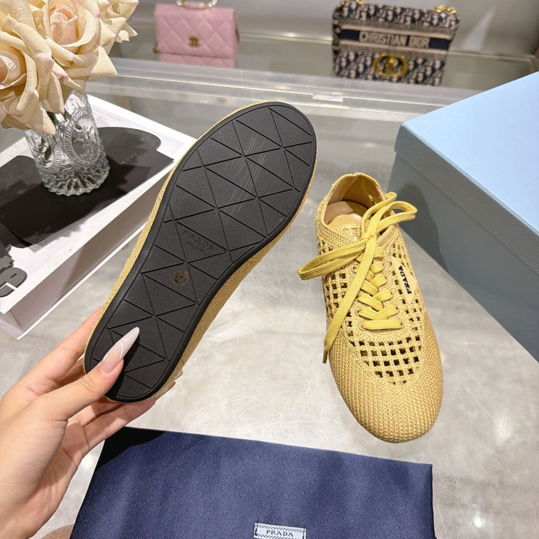 Prada 26s Lace Up Openwork Knit Sneakers Yellow Beige Knit Fabric