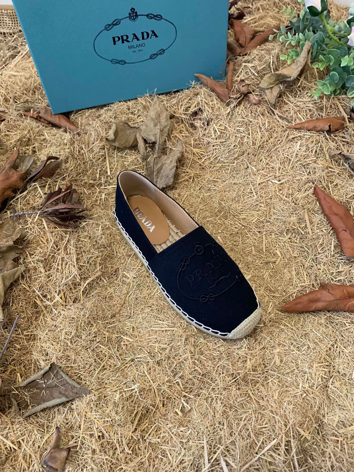 Prada 26s Espadrille Flats Black Canvas Embroidered Logo