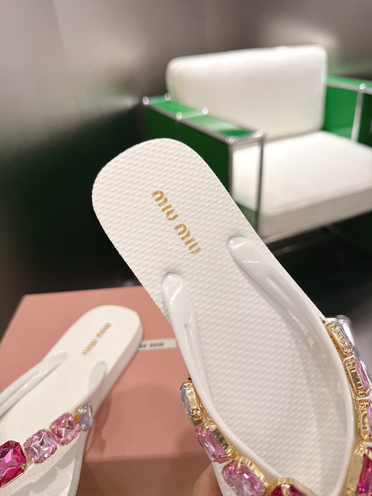 Miumiu 26s Thong Sandals White Eva Pink Crystal-embellished