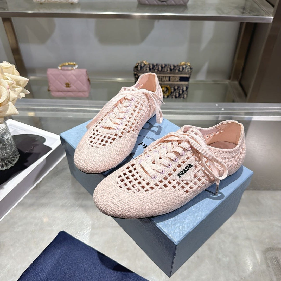 Prada 26s Lace Up Openwork Knit Sneakers Blush Pink Knit Fabric