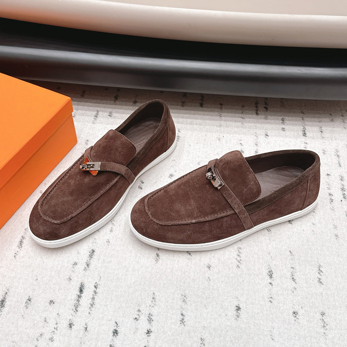 HM 26S Kelly Paris Loafers Dark Brown Suede Silver Hardware