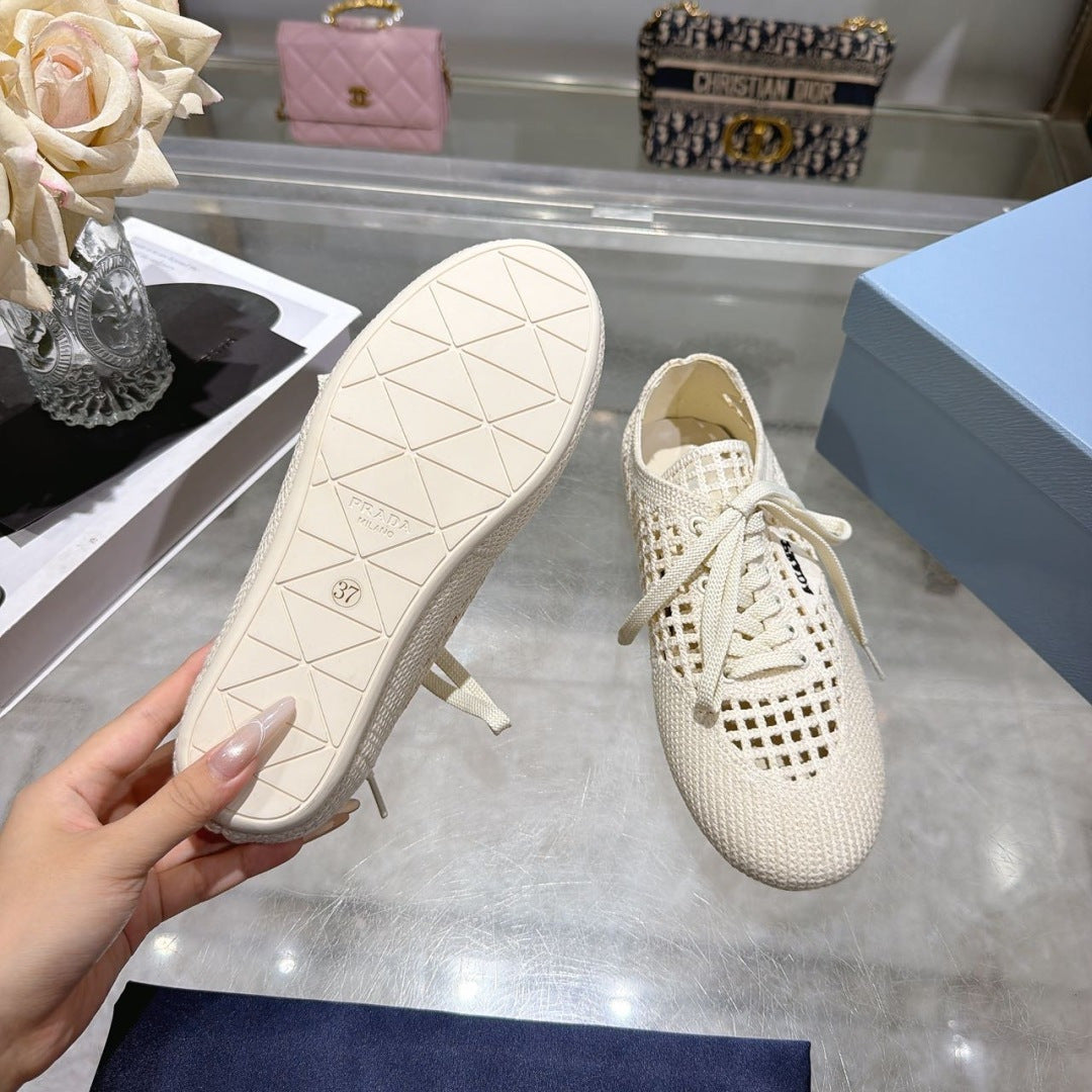 Prada 26s Lace Up Openwork Knit Sneakers Ivory White Knit Fabric
