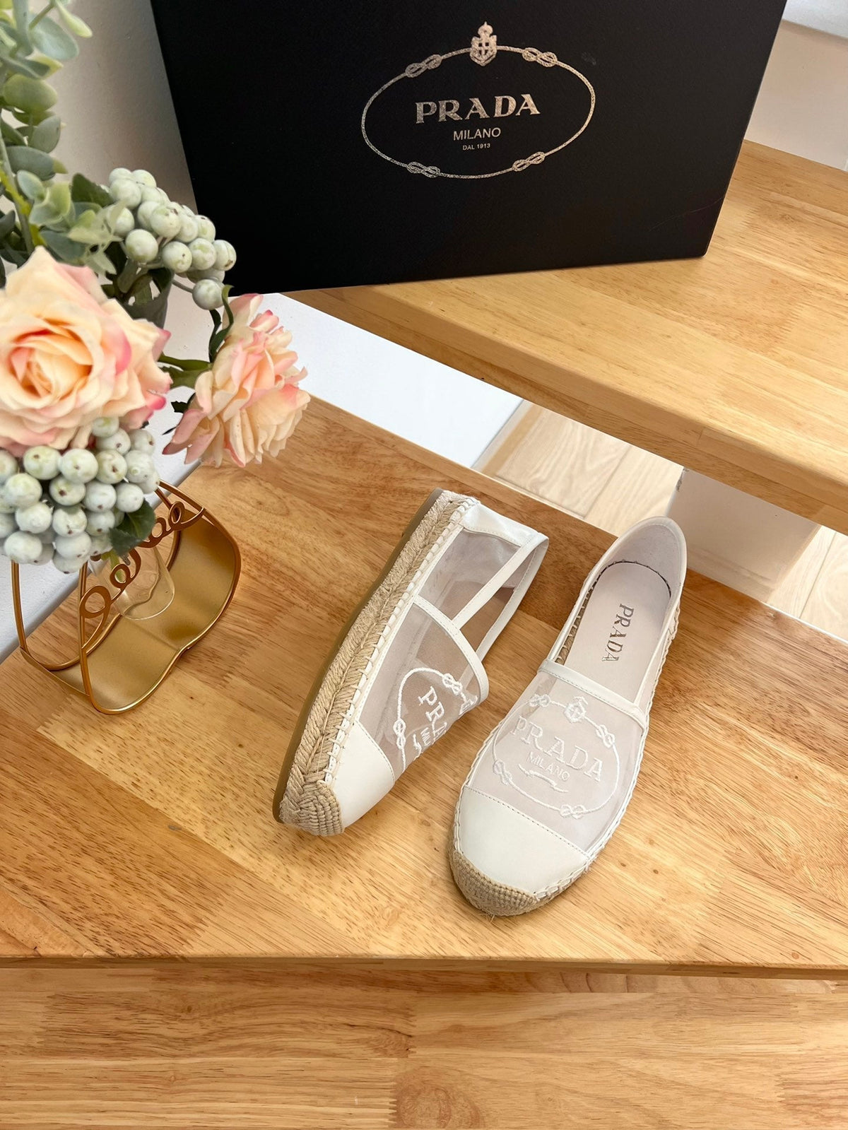 Prada 26s Embroidered Logo Espadrille Flats Ivory White Mesh Calfskin